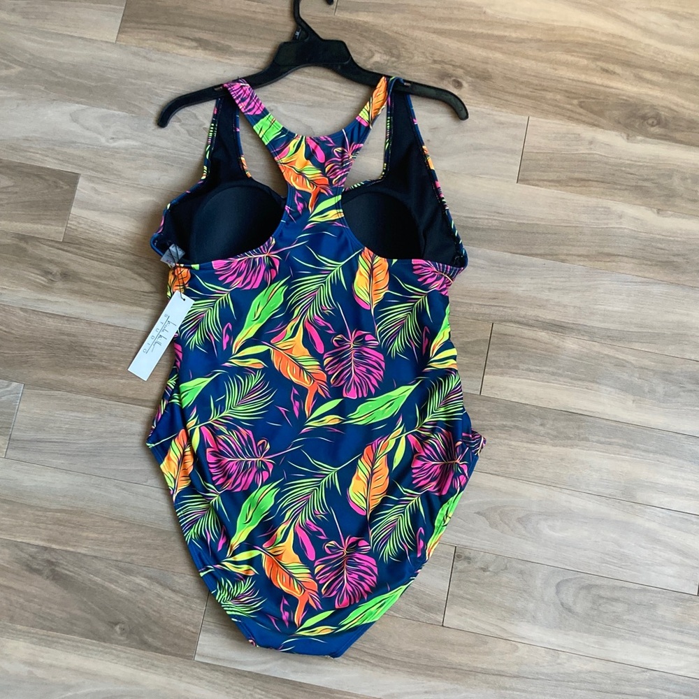 Nicole Miller one piece racerback swimsuit tropical floral and palm print 2X - Picture 7 of 15